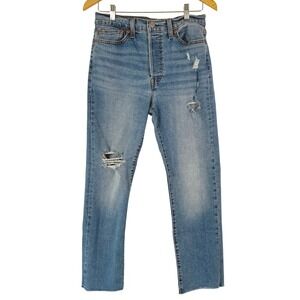 Levi's Wedgie Straight Jeans Womens Size 29 Blue Distressed Raw Hem Denim